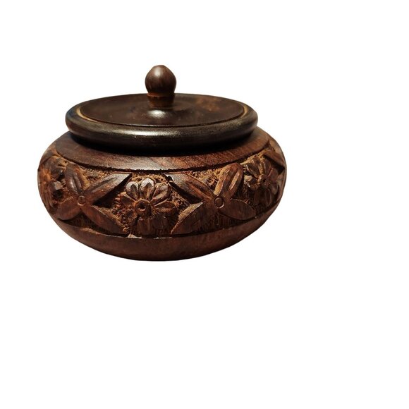 Handmade Vintage Carved Wooden Trinket Box With Lid Floral Design 3.5 Inch Heigh - Picture 6 of 14